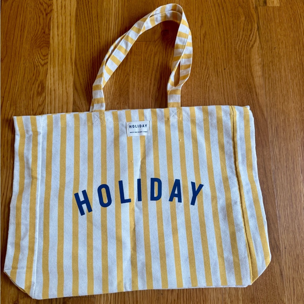 Sezane Yellow and White Striped Holiday Tote